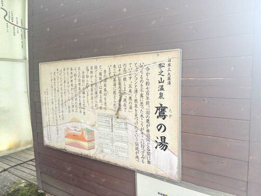 「日本三大薬湯 松之山温泉 鷹の湯」と題された屋外の解説看板。温泉の成り立ちが図解されている